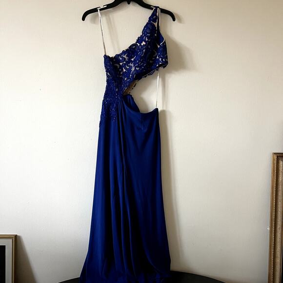 Sherri Hill Royal Blue Jersey One Shoulder Gown Maxi Dress Size 4 J1 - Picture 4 of 5